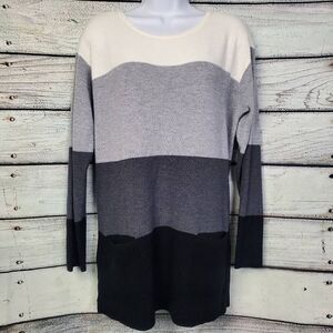 Vince Camuto Large Colorblock Knit Hoodie Sweater Brown Beige Gray Stripe Pullov
